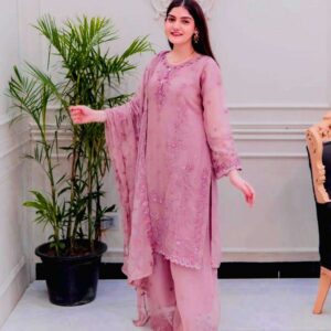 Women's Faux Georgette Embroidery work Straight Kurti With Pant and Dupatta Set