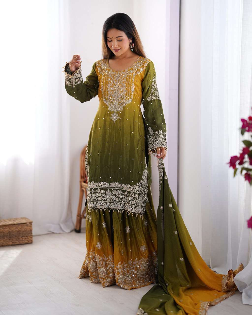 Women's Chinon Silk Sequence With Rivet Moti Work Straight Kurta With Sharara and Dupatta Set - Image 17
